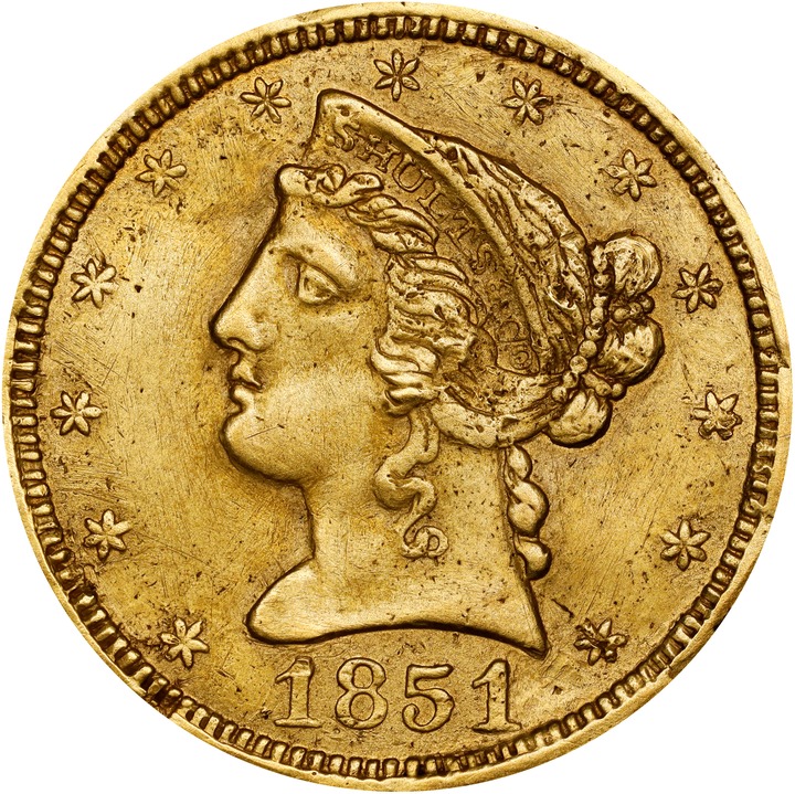 1851 G$5  Schultz & Co., K-1 XF40 CAC thumbnail 14