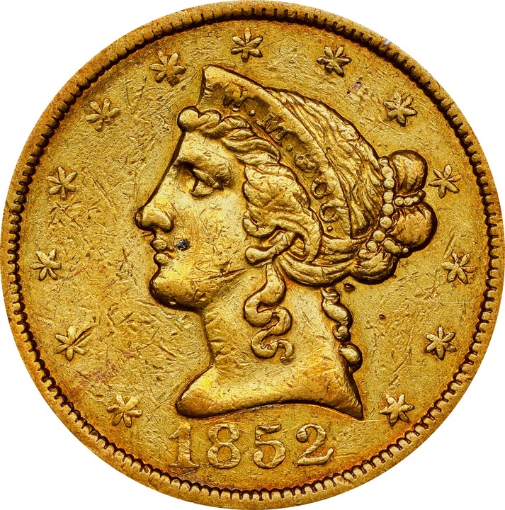 1852 G$5  Wass, Molitor & Co., Small Head, K-1 VF20 thumbnail 9