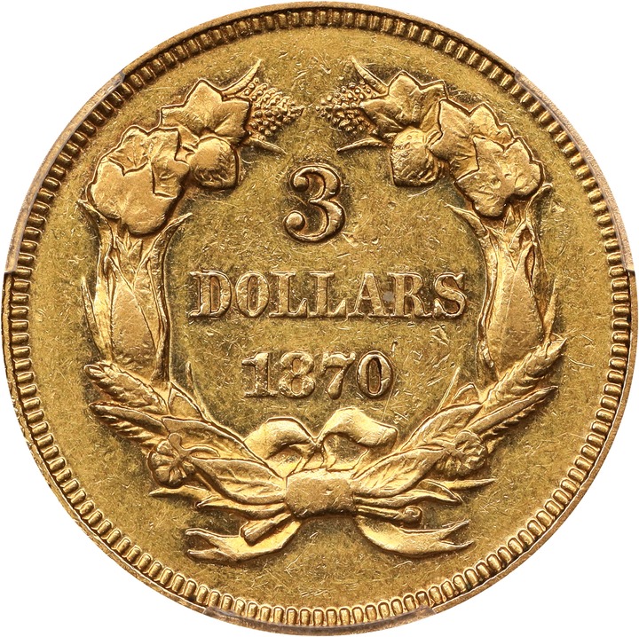 1870 $3 AU53 CAC thumbnail 2