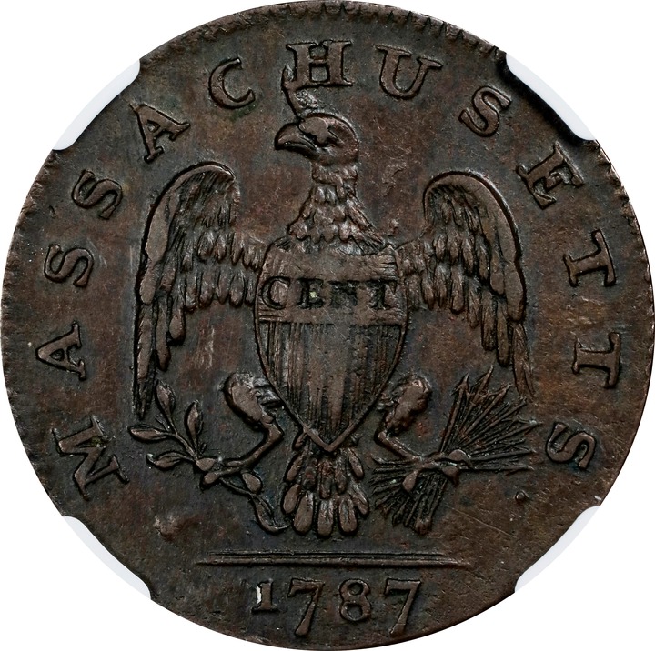 1787 Cent Massachusetts, Horned Eagle MS BN AU55 BN thumbnail 4