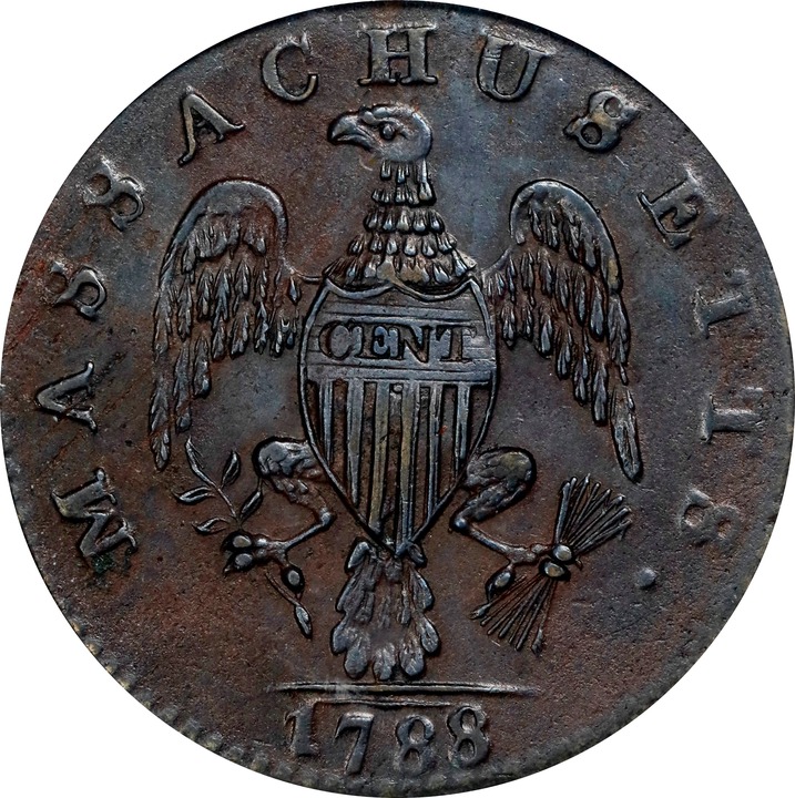1788 Cent Massachusetts, With Period MS BN AU53 BN thumbnail 2