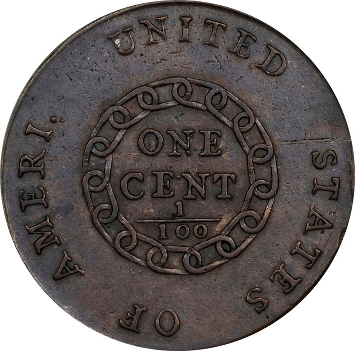 Flowing Hair Cent 1c 1793, Chain Reverse, Chain Reverse MS BN [Type] XF40 BN thumbnail 2