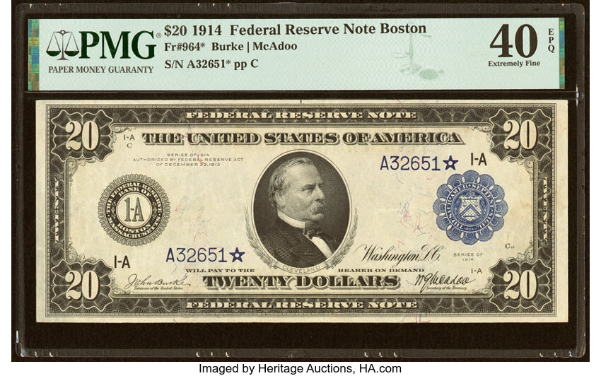 1914 $20 Blue Seal, Boston, Star Replacement (Fr. 964*)
