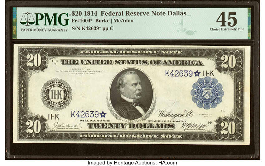 1914 $20 Blue Seal, Dallas, Star Replacement (Fr. 1004*)
