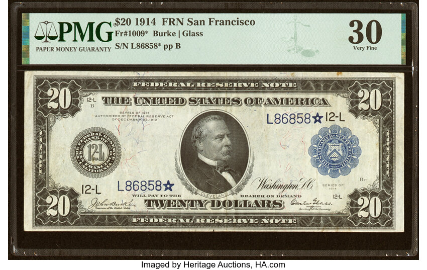 1914 $20 Blue Seal, San Francisco, Star Replacement (Fr. 1009*)