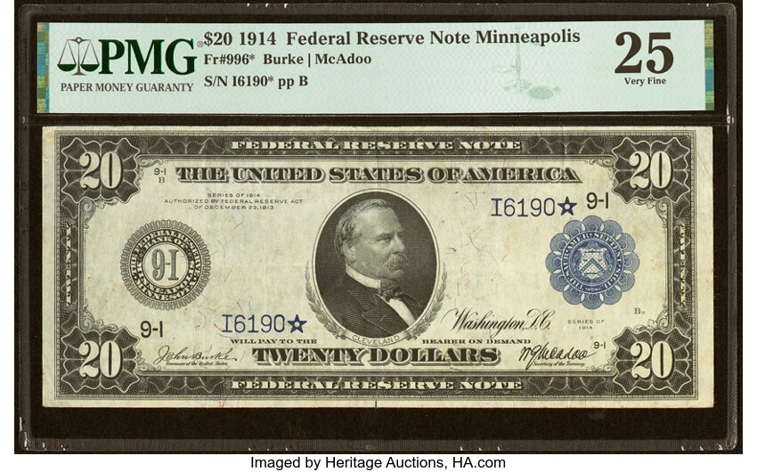 1914 $20 Blue Seal, Minneapolis, Star Replacement (Fr. 996*)