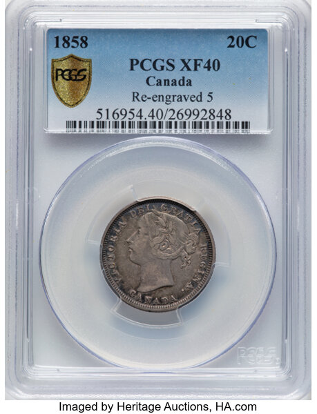 Image for 1858 20c Province of Canada, ↑↓, Re-engraved 5 VG10