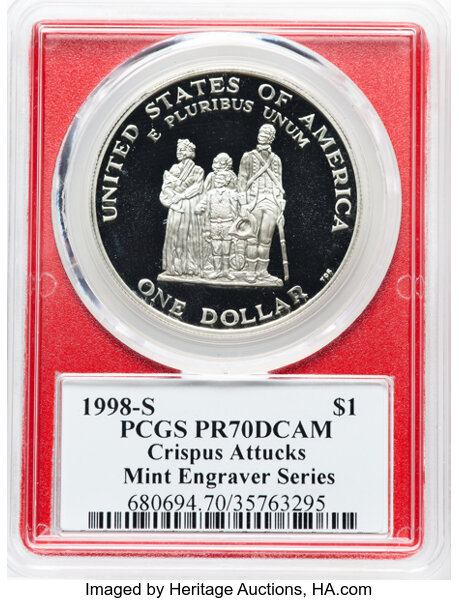1998-S S$1 Black Revolutionary War Patriots, Crispus Attucks PR DCAM PR70 DCAM thumbnail 2