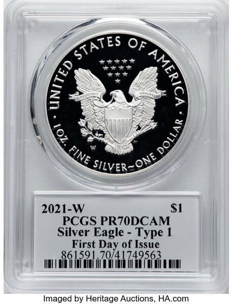 2021-W $1  Silver Eagle, Reverse Proof, Type 1 PR70 CAC thumbnail 8