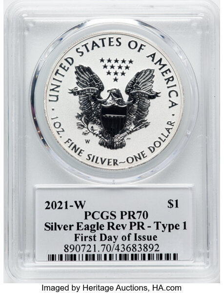 2021-W $1  Silver Eagle, Reverse Proof, Type 1 PR70 CAC thumbnail 12