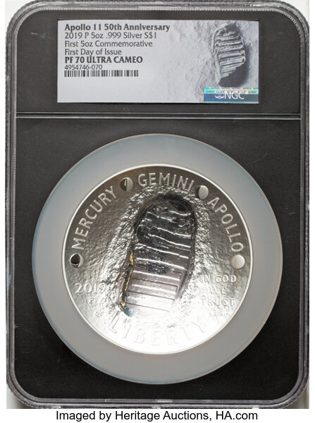 2019-P S$1 5oz Silver, Apollo 11 50th Anniversary PR DCAM PR70 DCAM CAC thumbnail 3
