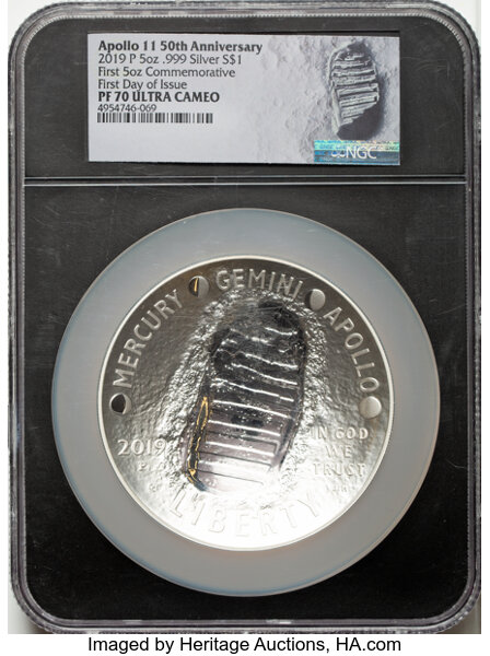 2019-P S$1 5oz Silver, Apollo 11 50th Anniversary PR DCAM PR70 DCAM CAC thumbnail 6