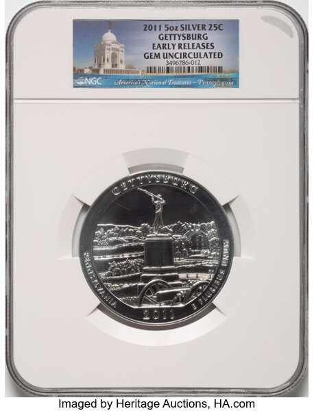 2011 S25c 5oz Silver, Gettysburg MS thumbnail 2