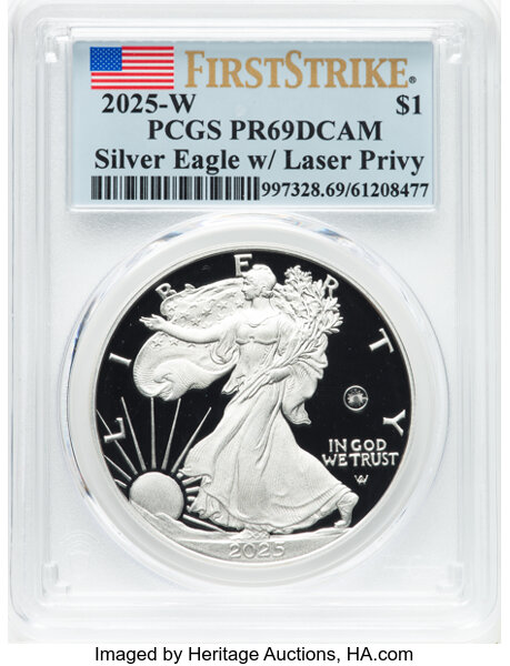 2025-W $1  Silver Eagle, Laser Privy PR DCAM PR66 DCAM CAC thumbnail 9