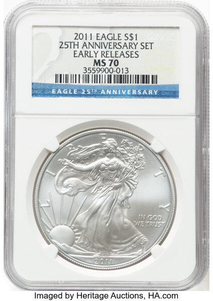 2011 Set 25th Anniversary Silver Eagle, 5 Coins MS70 thumbnail 3