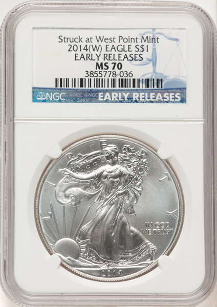 2014-(W) $1  Silver Eagle, Struck at West Point Mint MS70 thumbnail 3