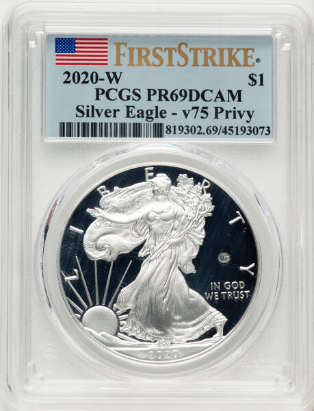 2020-W $1  Silver Eagle, v75 Privy WWII Anniversary PR DCAM PR69 DCAM thumbnail 3