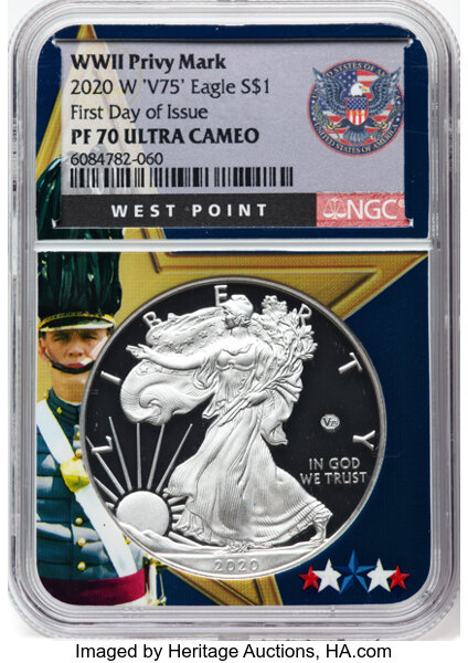 2020-W $1  Silver Eagle, v75 Privy WWII Anniversary PR DCAM PR70 DCAM thumbnail 5