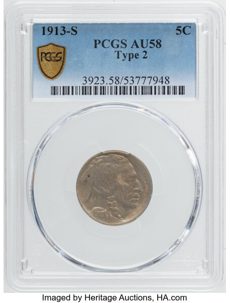 1913-S 5c Buffalo, Type 2 AU58 CAC thumbnail 2