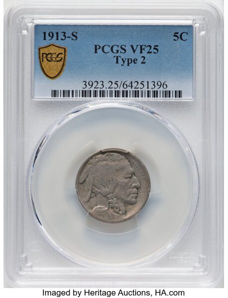 1913-S 5c Buffalo, Type 2 VF25 CAC thumbnail 2