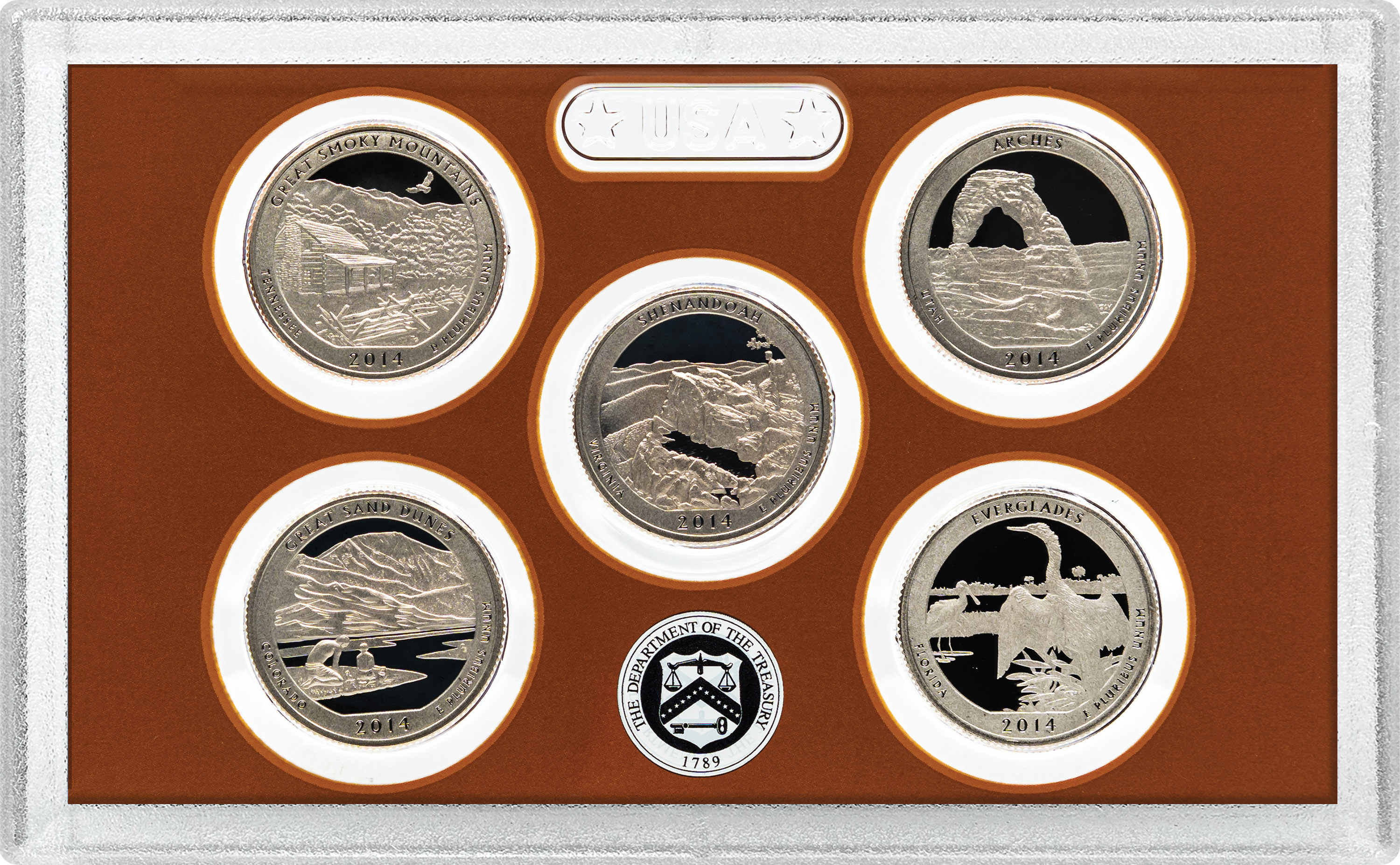 2014-S 25c Clad Quarters Proof Set, 5 Coins PR