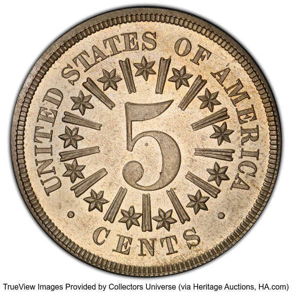 Shield Nickel 5c Rays, 1866-1867 [Type] AU58 thumbnail 23