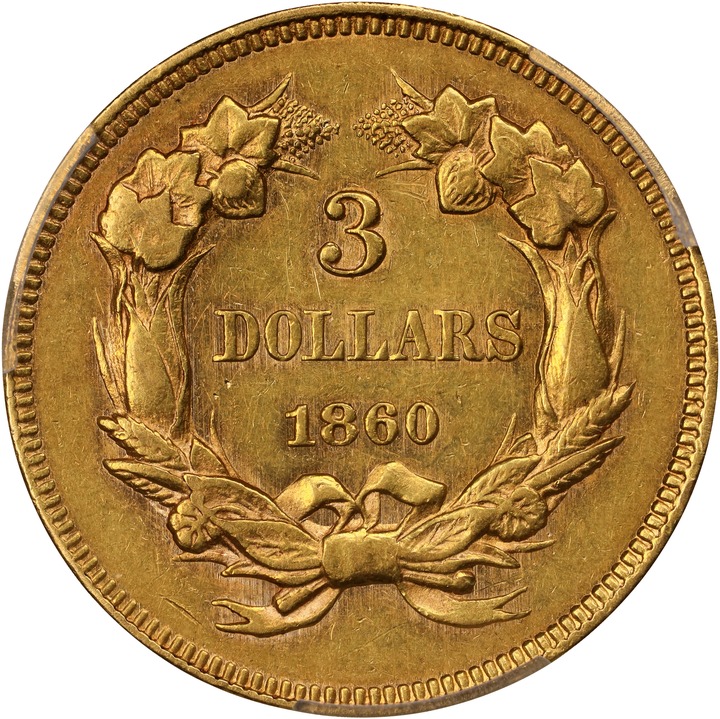 1860 $3 AU55 CAC thumbnail 4
