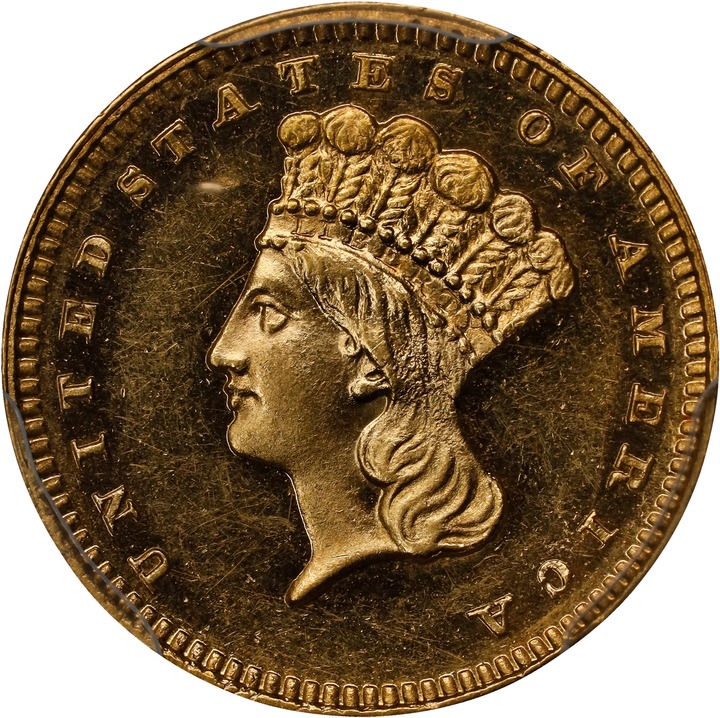 Liberty Gold Dollar G$1 Type 3, 1856-1889 [Type] PR62 CAC thumbnail 3