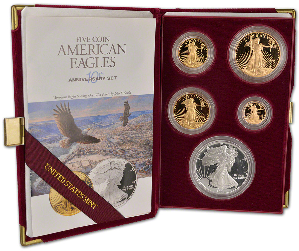 1995-W Set 10th Anniversary American Eagle, 5 coins PR DCAM