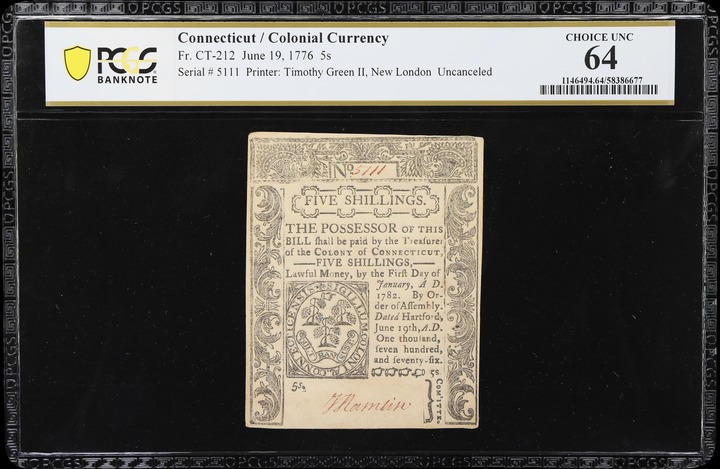 Jun 19, 1776 5s Connecticut (Fr. CT212) thumbnail 2