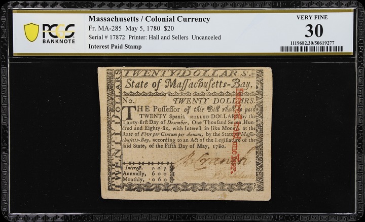 May 5, 1780 $20  Massachussetts (Fr. MA285) thumbnail 2