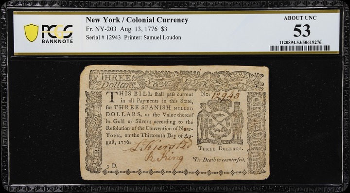 Aug 13, 1776 $3  New York (Fr. NY203) thumbnail 2