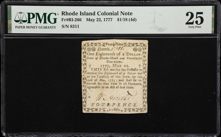 May 22, 1777 $1/18 Rhode Island (Fr. RI266) thumbnail 3