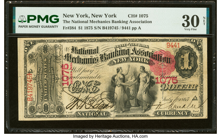 1875 $1  1st Charter Period, Scalloped Seal (Fr. 384) thumbnail 2