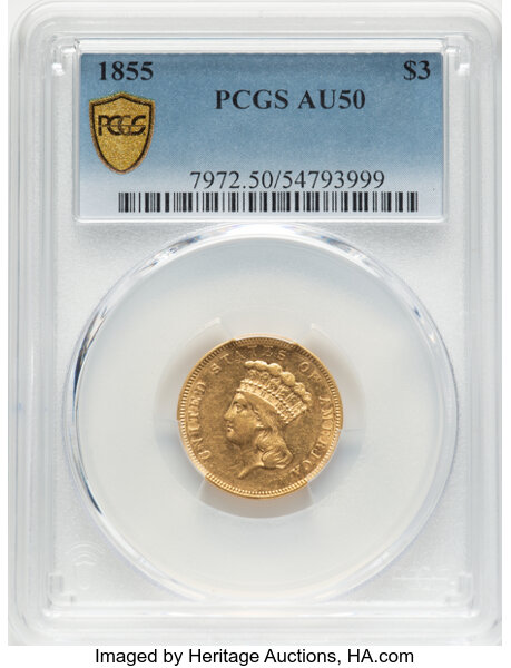1855 $3 AU50 thumbnail 4