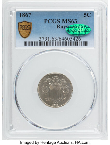 1867 5c Rays MS63 CAC thumbnail 2