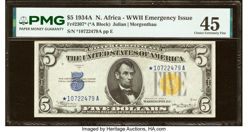 1934A $5  North Africa, Star Replacement (Fr. 2307*) thumbnail 2