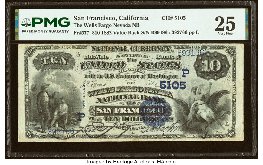 1882 $10  2nd Charter Period, 3rd Issue, Value Back (Fr. 577) thumbnail 2