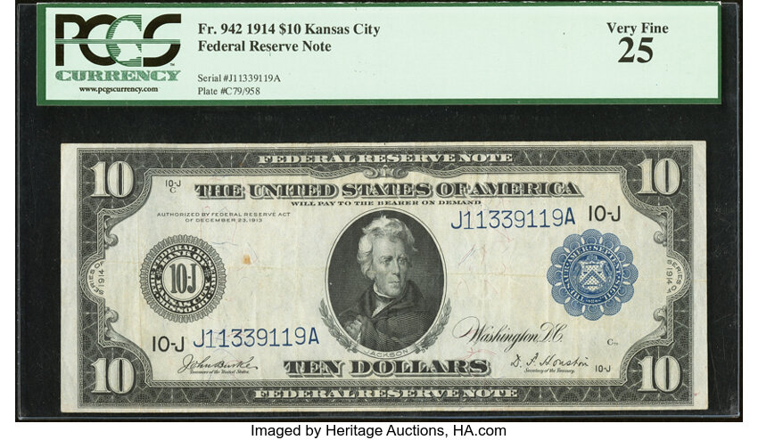 1914 $10  Blue Seal, Kansas City (Fr. 942) thumbnail 2