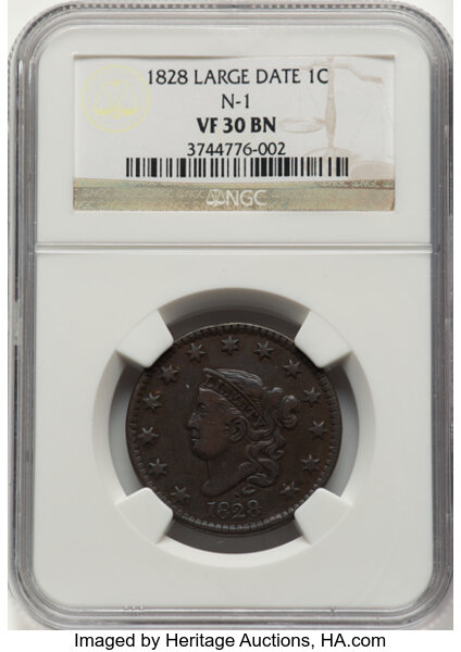 1828 1c Large Narrow Date, N-1 MS BN thumbnail 2