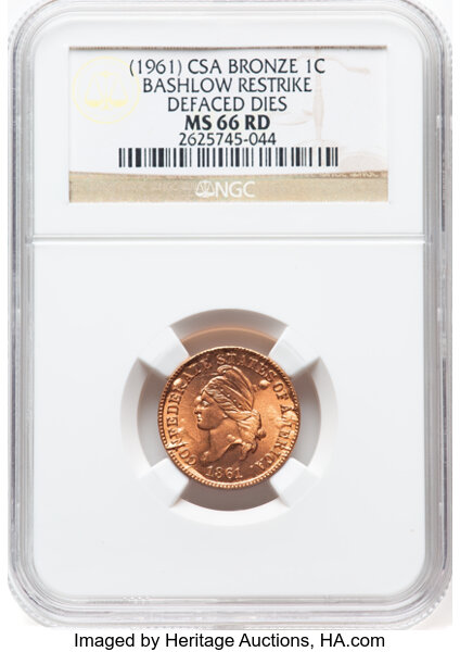 1861 (1961) 1c CSA, Bashlow Restrike, Copper MS RD thumbnail 2