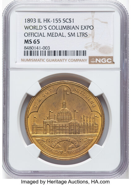 1892-93 SC$1 Columbian Expo, Ty.2, Brass, HK-155 MS thumbnail 3