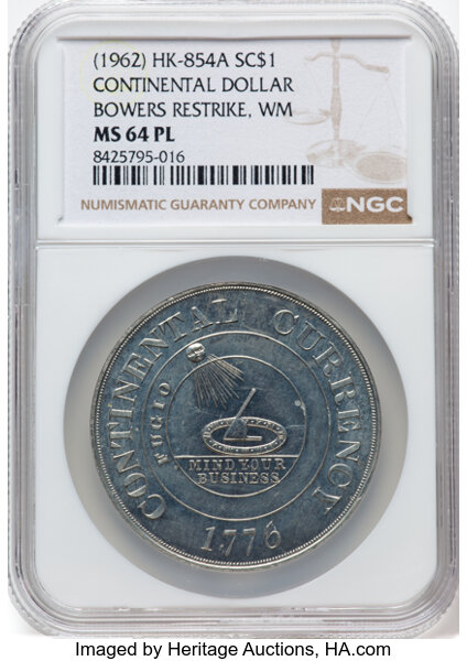 (Dated 1776) SC$1 Continental Dollar Restrike, Bowers res, White Metal, HK-854a MS thumbnail 2