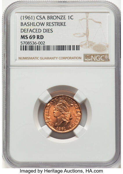 1861 (1961) 1c CSA, Bashlow Restrike, Copper MS RD thumbnail 3