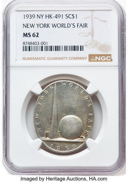 1939-40 SC$1 NY Worlds Fair, oval, Silver, HK-491 MS thumbnail 2