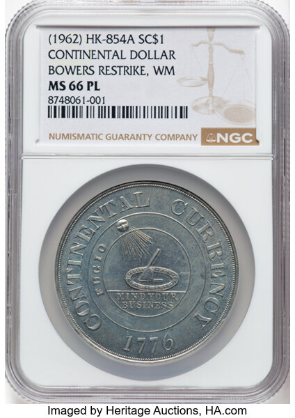 (Dated 1776) SC$1 Continental Dollar Restrike, Bowers res, White Metal, HK-854a MS thumbnail 3