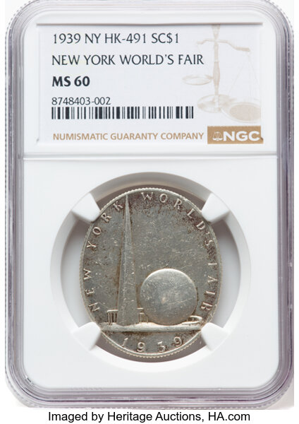 1939-40 SC$1 NY Worlds Fair, oval, Silver, HK-491 MS thumbnail 3