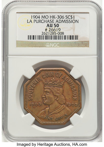 1904 SC$1 LA Purchase Expo, Souvineer, Octagonal, Brass, HK-306 MS thumbnail 2
