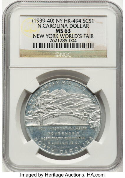 1939-40 SC$1 NY Worlds Fair, N. Carolina, Aluminum, HK-494 MS thumbnail 2