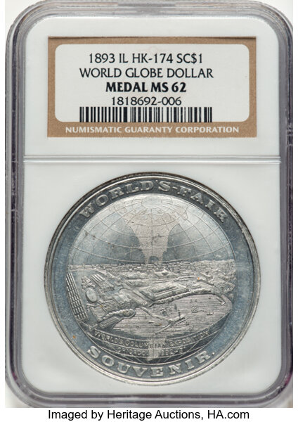 1892-93 SC$1 Columbian Expo, World Globe, Aluminum, HK-174 MS thumbnail 3